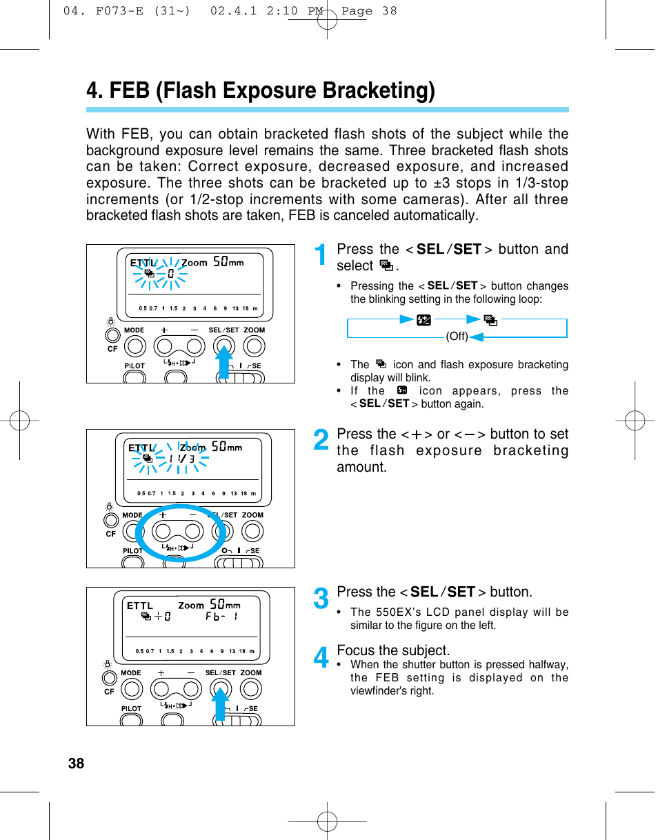 Feb (flash exposure bracketing) | Canon 550 EX User Manual | Page 38 / 128