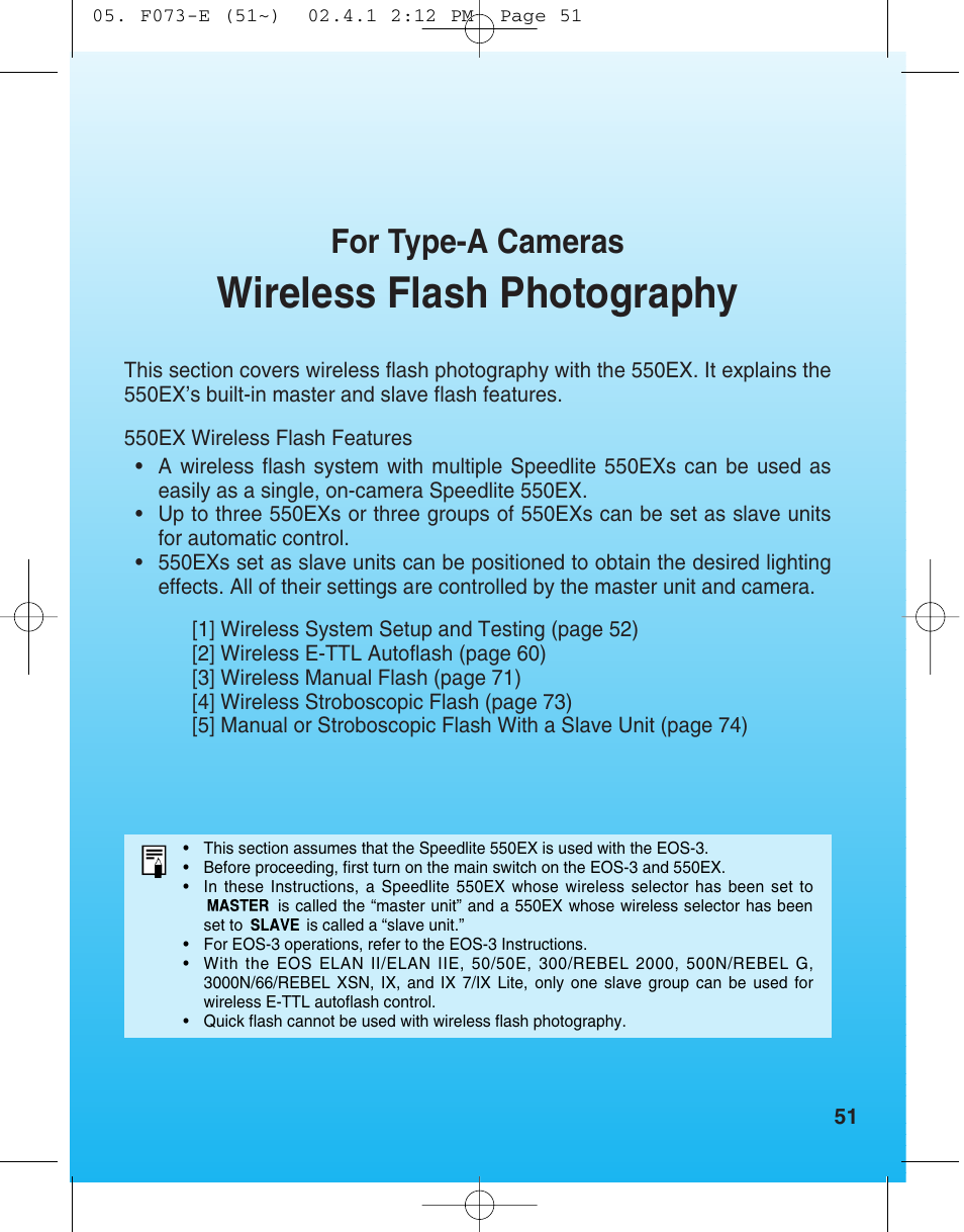 Wireles flash photography, Wireless flash photography, For type-a cameras | Canon 550 EX User Manual | Page 51 / 128