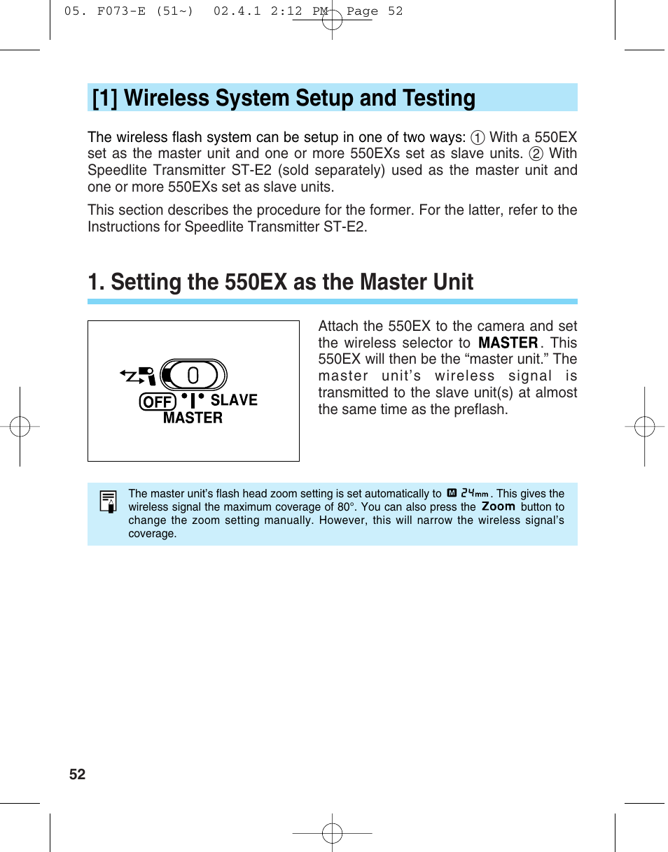 1] wireless system setup and testing, Setting the 550ex as the master unit | Canon 550 EX User Manual | Page 52 / 128