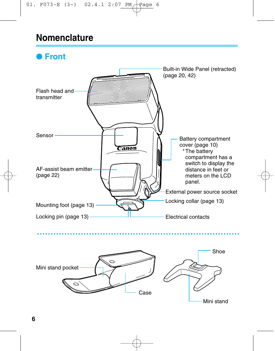 Nomenclature, Front | Canon 550 EX User Manual | Page 6 / 128