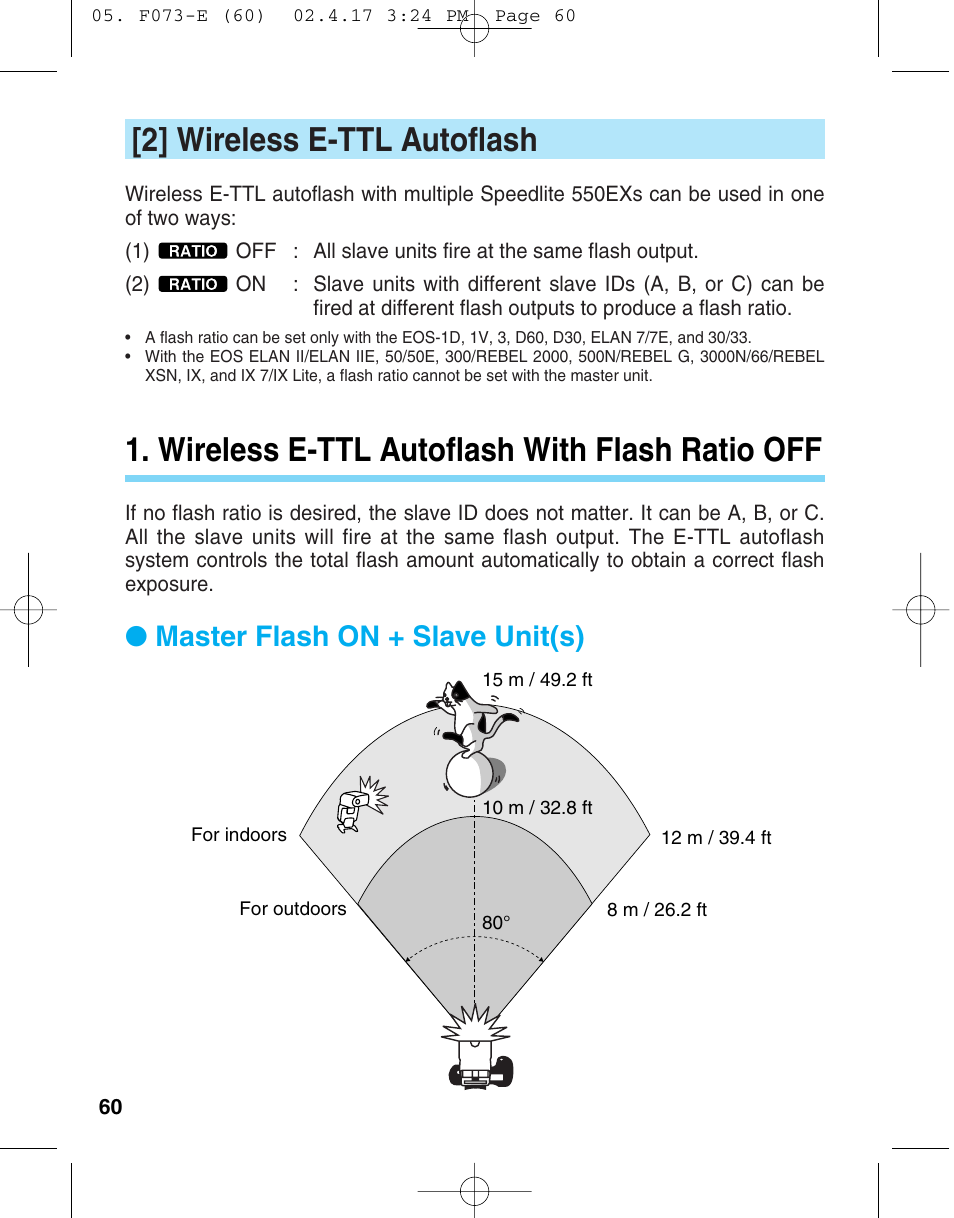 2] wireless e-ttl autoflash, Wireless e-ttl autoflash with flash ratio off, Master flash on + slave unit(s) | Canon 550 EX User Manual | Page 60 / 128