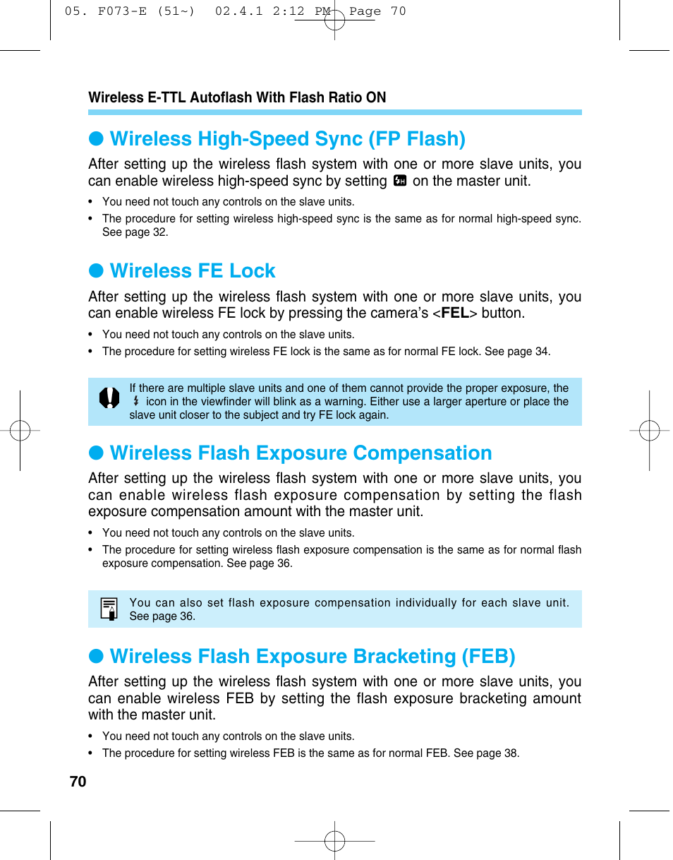 Wireless high-speed sync (fp flash), Wireless fe lock, Wireless flash exposure compensation | Wireless flash exposure bracketing (feb) | Canon 550 EX User Manual | Page 70 / 128