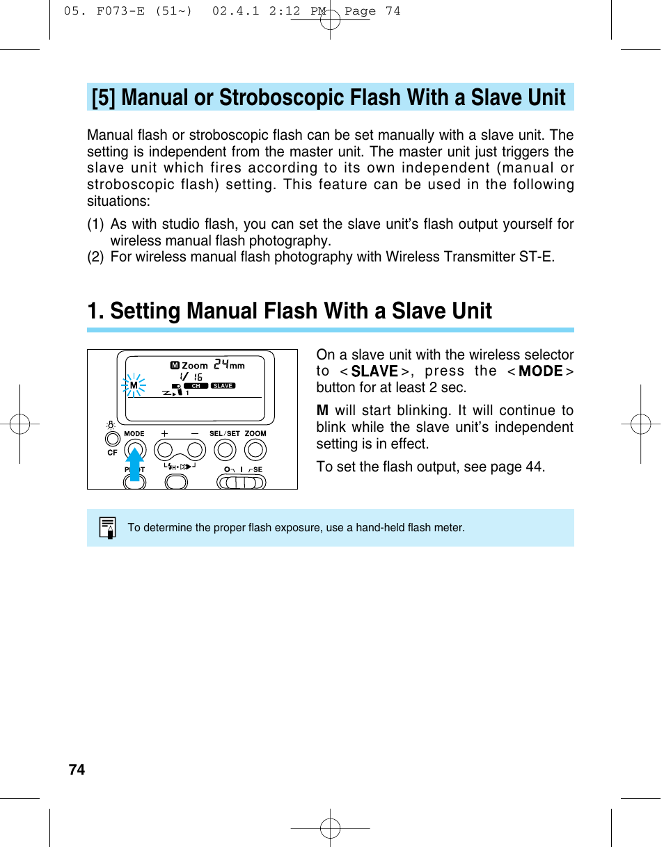 5] manual or stroboscopic flash with a slave unit, Setting manual flash with a slave unit | Canon 550 EX User Manual | Page 74 / 128