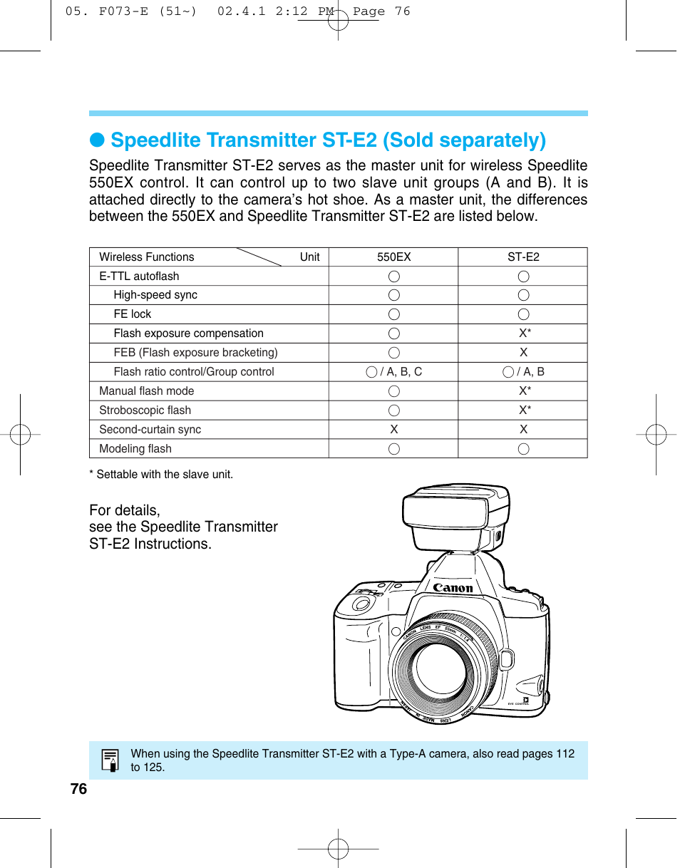 Speedlite transmitter st-e2 (sold separately) | Canon 550 EX User Manual | Page 76 / 128