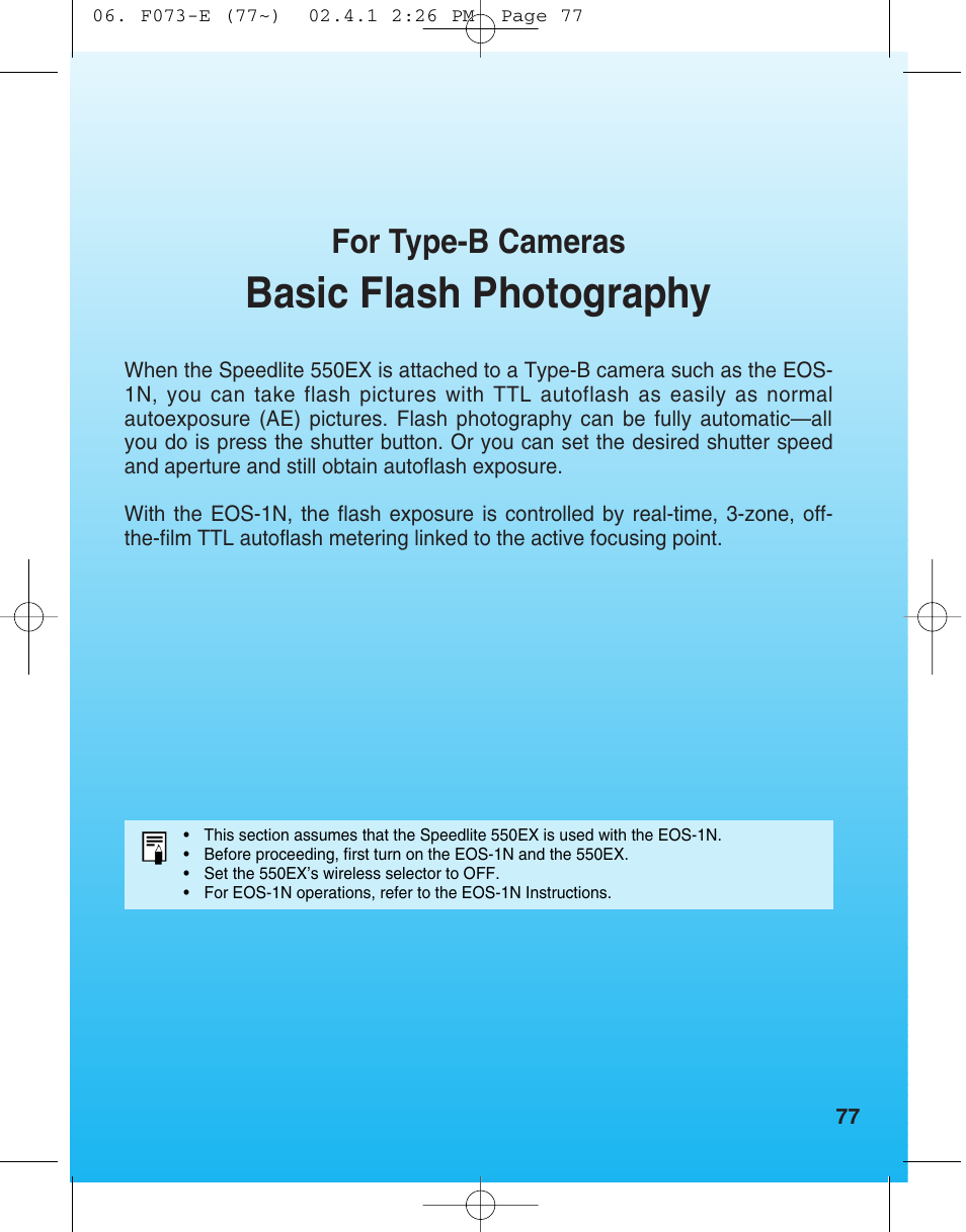 For type b cameras, Basic flash photograpy, Basic flash photography | For type-b cameras | Canon 550 EX User Manual | Page 77 / 128