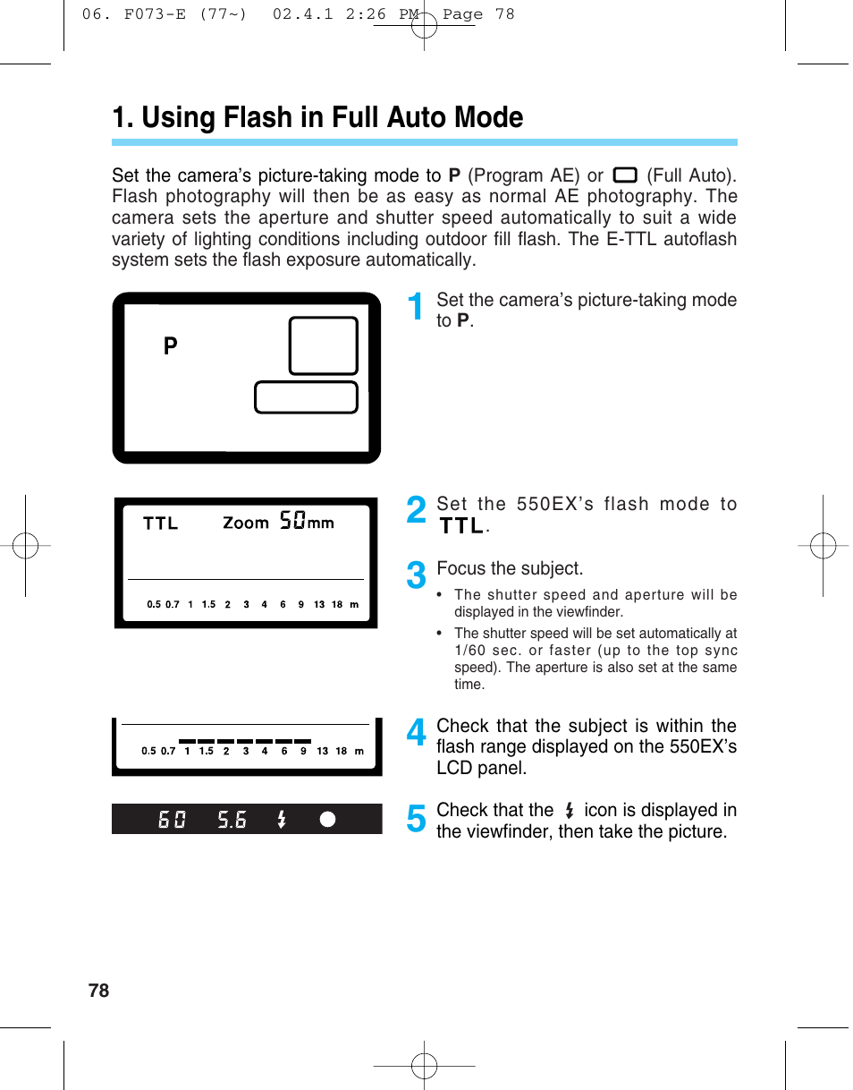 Using flash in full auto mode | Canon 550 EX User Manual | Page 78 / 128