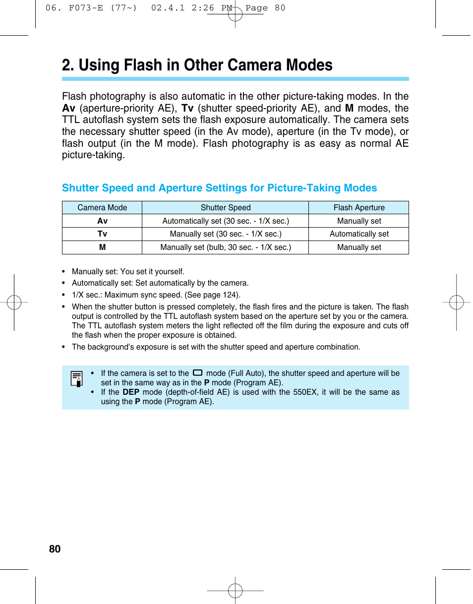 Using flash in other camera modes, Using flash in, Other camera modes | Canon 550 EX User Manual | Page 80 / 128