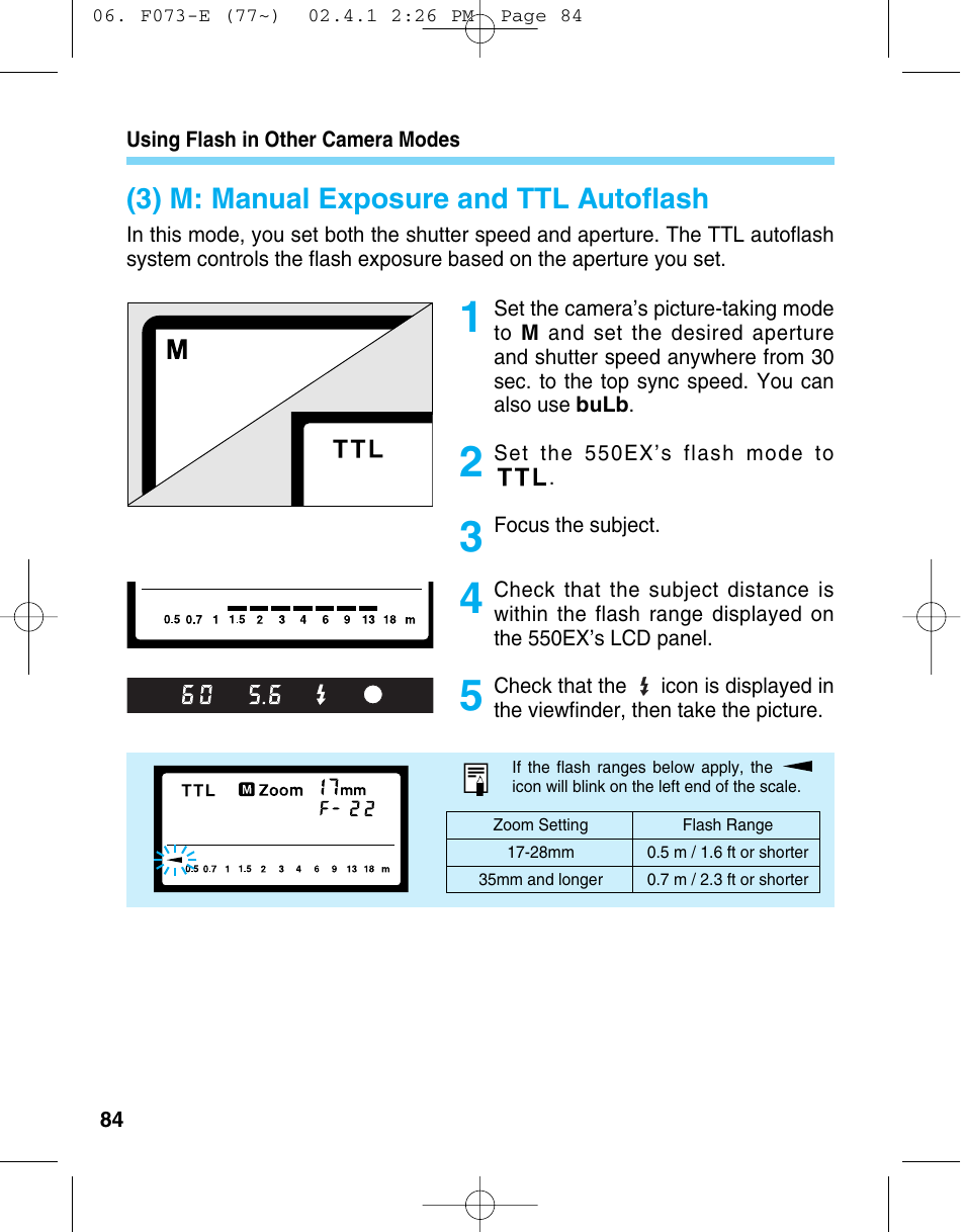 3) m: manual exposure and ttl autoflash | Canon 550 EX User Manual | Page 84 / 128