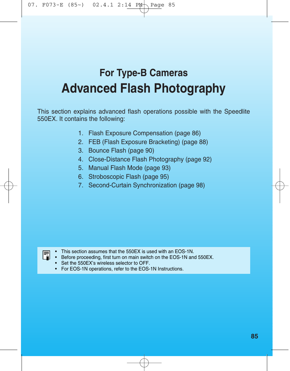 Advance flash photography, Advanced flash photography, For type-b cameras | Canon 550 EX User Manual | Page 85 / 128