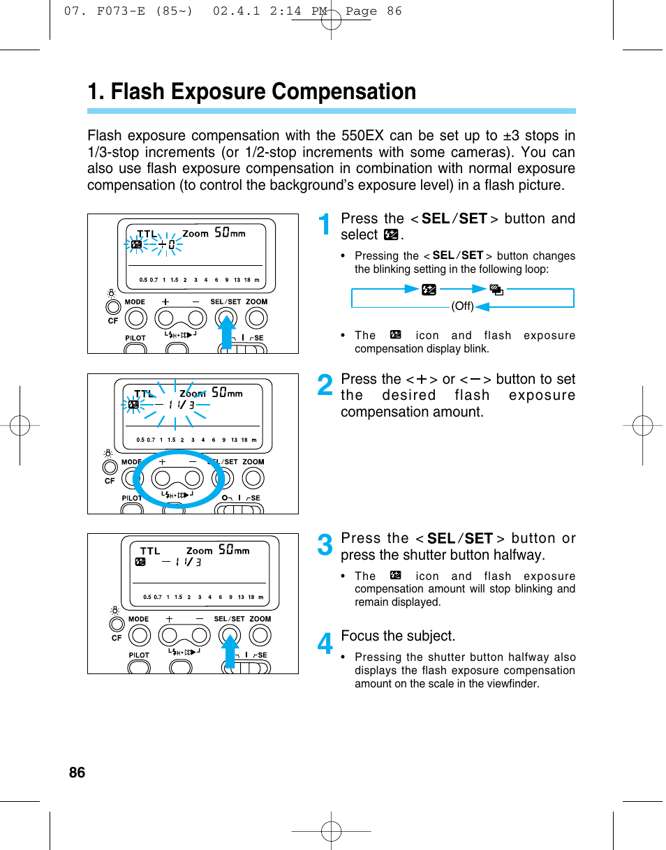 Flash exposure compensation | Canon 550 EX User Manual | Page 86 / 128