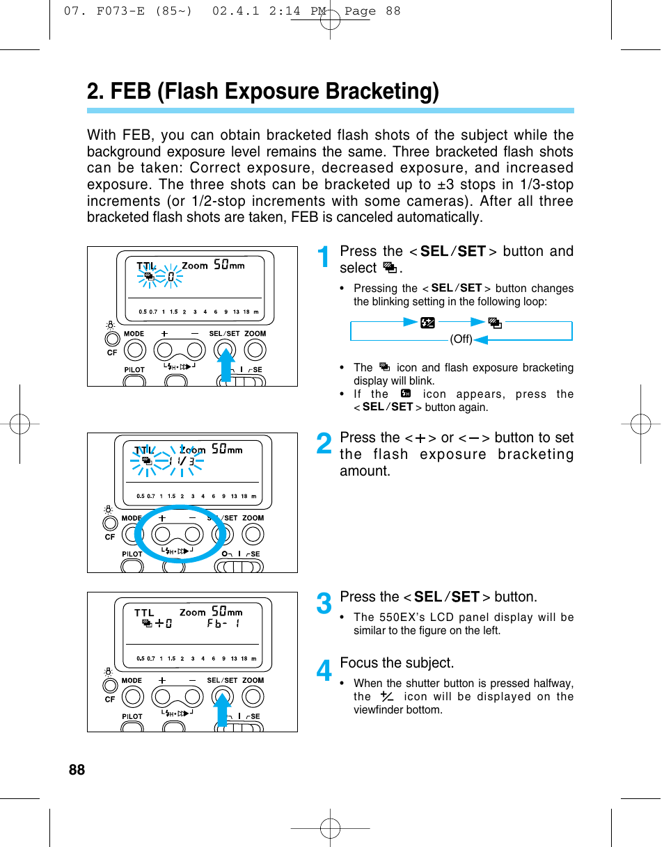 Feb (flash exposure bracketing) | Canon 550 EX User Manual | Page 88 / 128