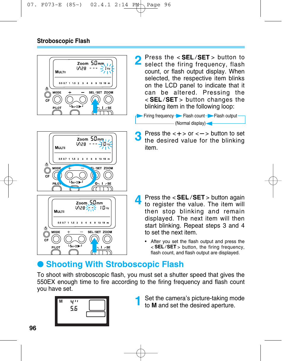 Shooting with stroboscopic flash | Canon 550 EX User Manual | Page 96 / 128