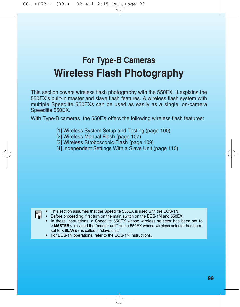 Wireles flash photography, Wireless flash photography, For type-b cameras | Canon 550 EX User Manual | Page 99 / 128