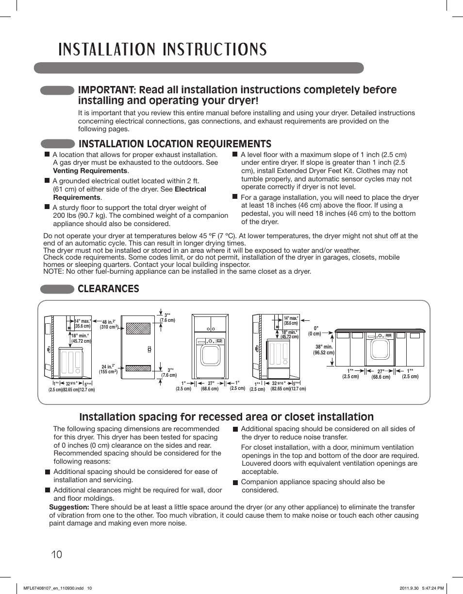 Clearances, Installation location requirements | LG LSDE388VS User Manual | Page 10 / 100