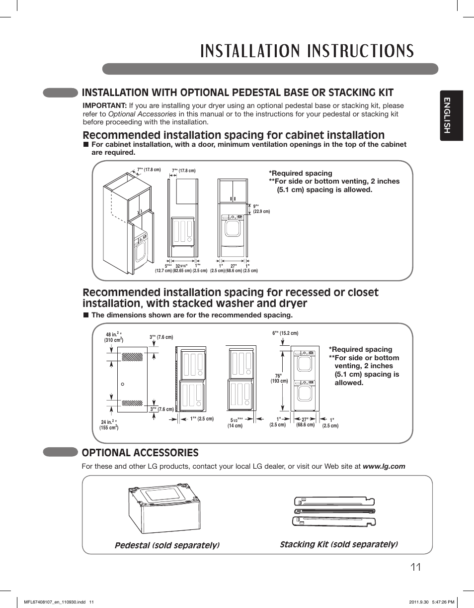 Optional accessories, English | LG LSDE388VS User Manual | Page 11 / 100