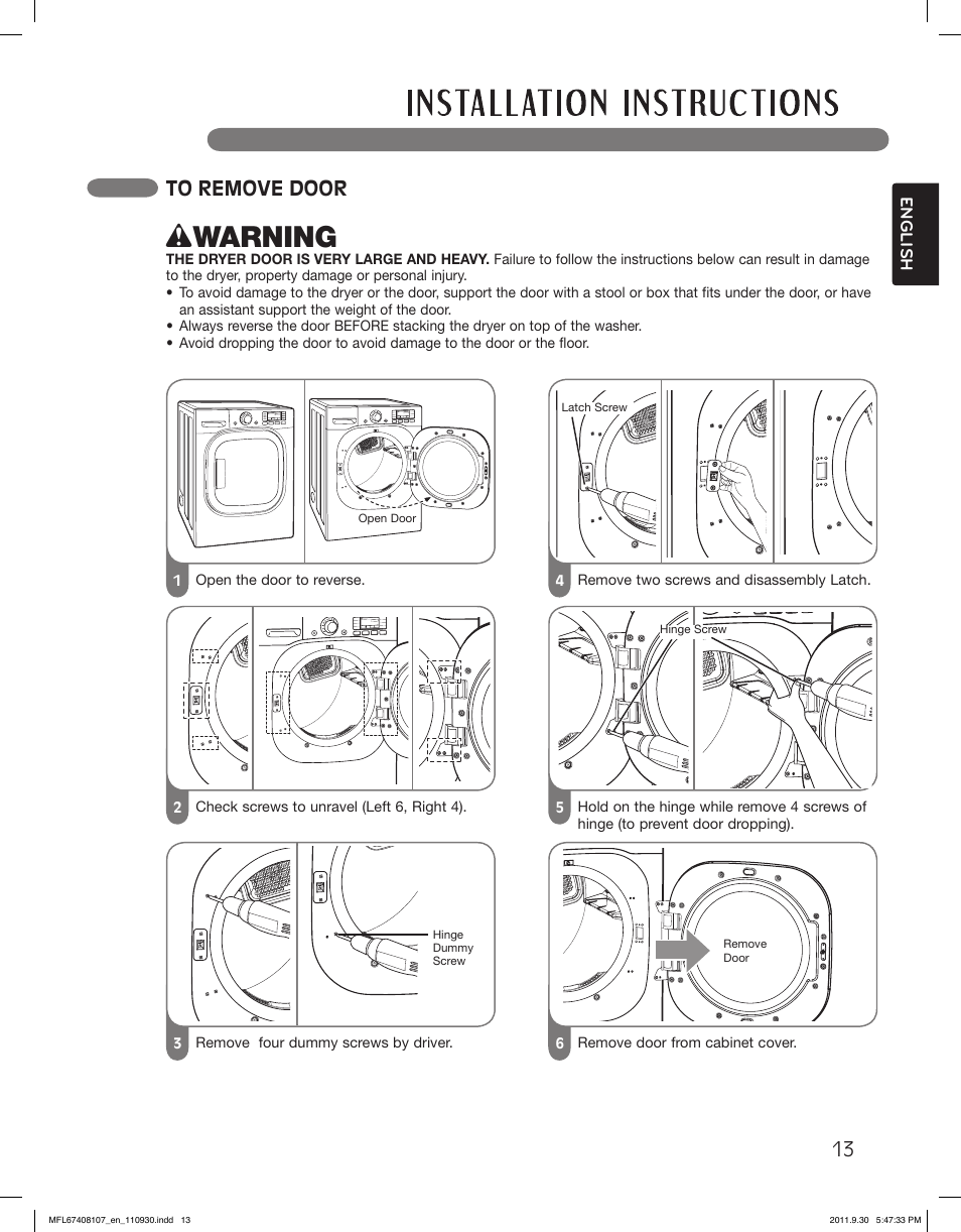 Wwarning | LG LSDE388VS User Manual | Page 13 / 100