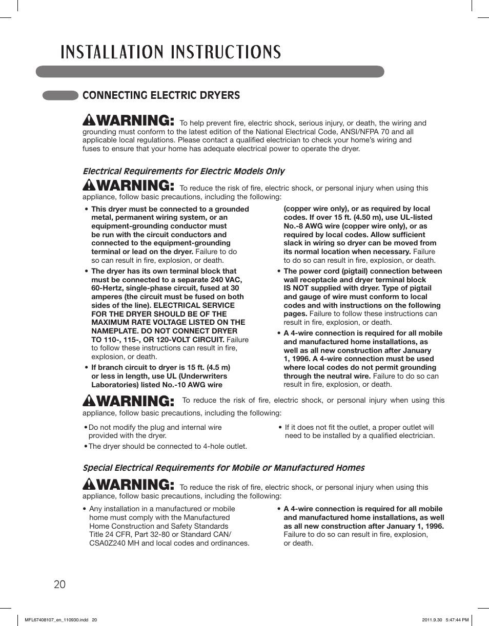 Wwarning, Connecting electric dryers | LG LSDE388VS User Manual | Page 20 / 100