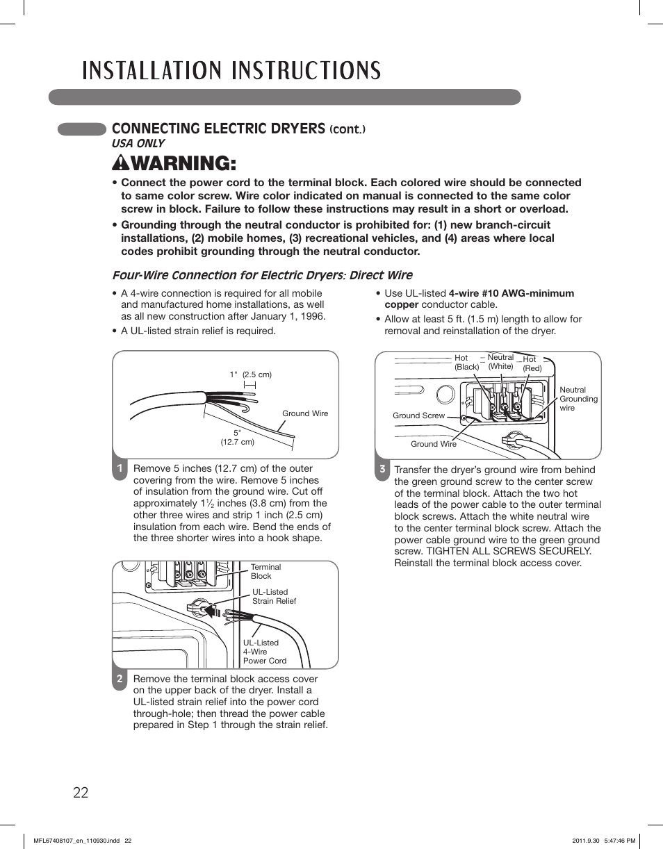 Wwarning, Connecting electric dryers | LG LSDE388VS User Manual | Page 22 / 100