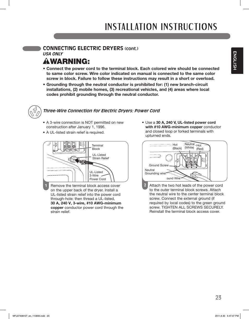 Wwarning, Connecting electric dryers | LG LSDE388VS User Manual | Page 23 / 100