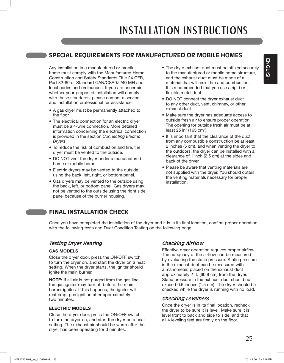 Final installation check | LG LSDE388VS User Manual | Page 25 / 100