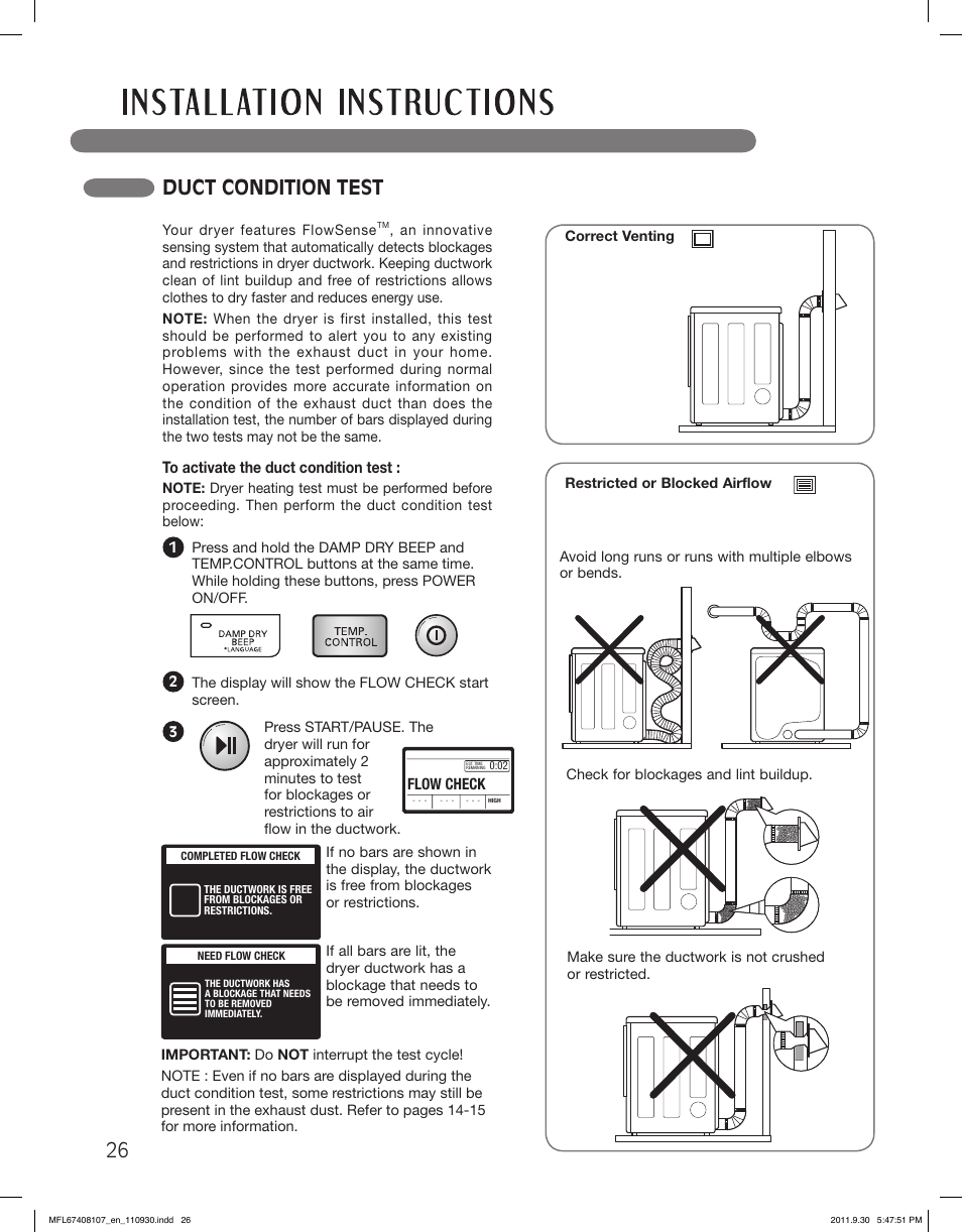 Duct condition test | LG LSDE388VS User Manual | Page 26 / 100