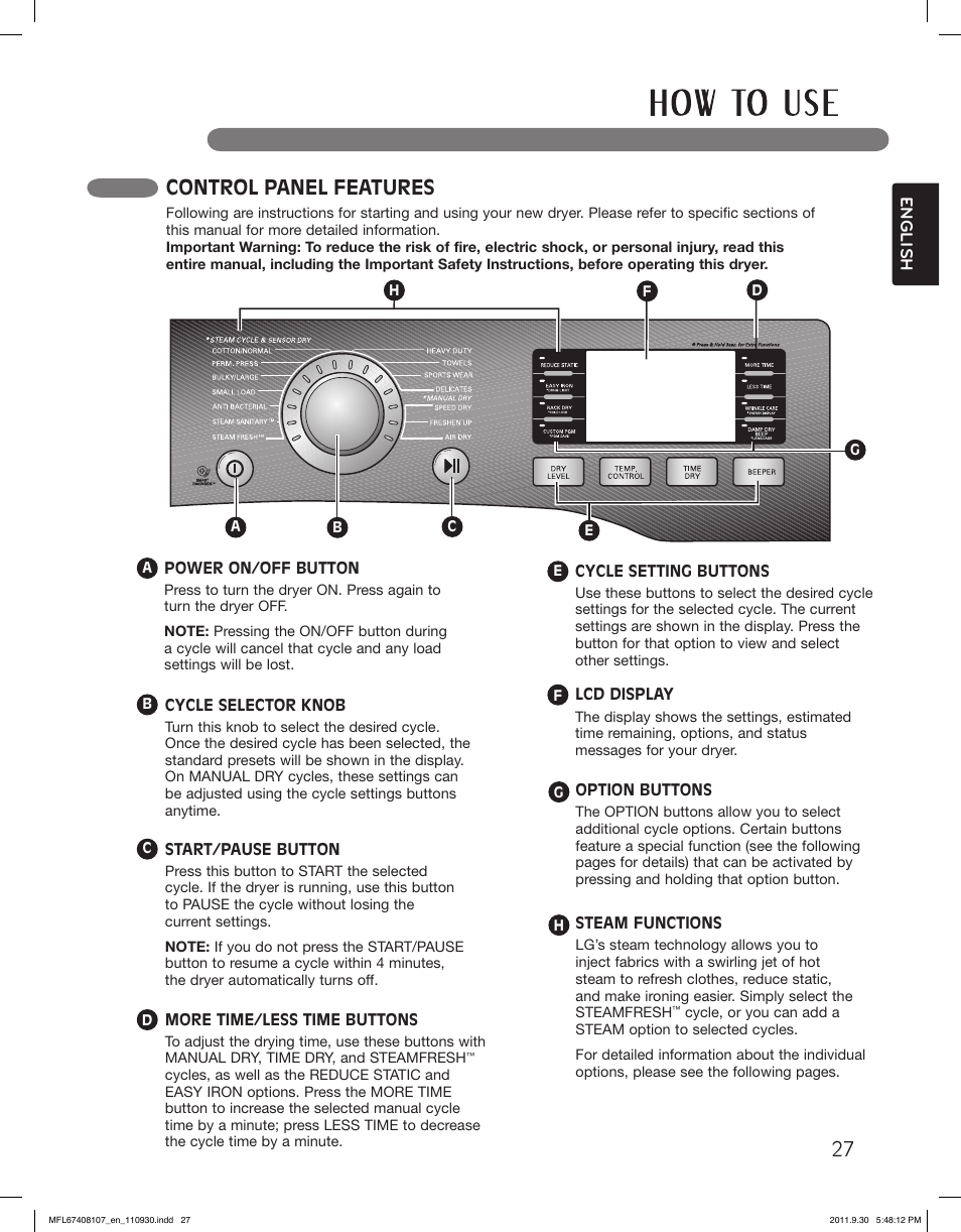 Control panel features | LG LSDE388VS User Manual | Page 27 / 100