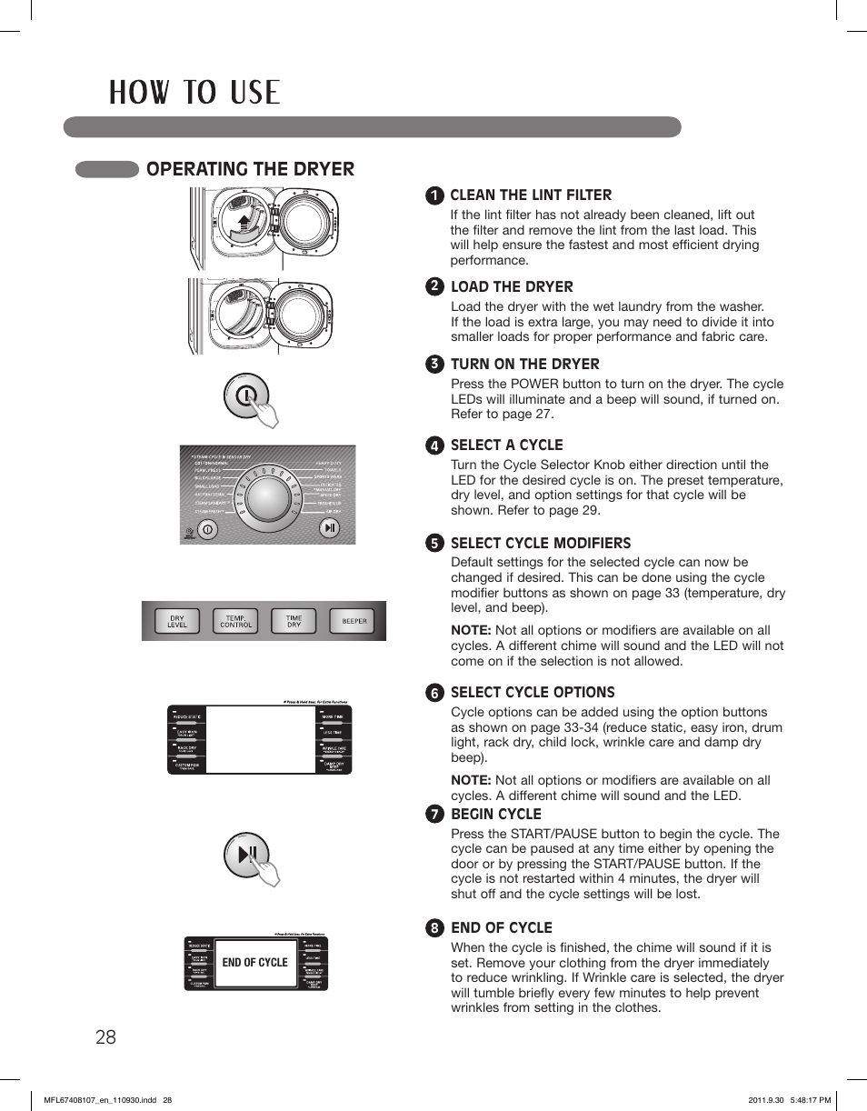 Operating the dryer | LG LSDE388VS User Manual | Page 28 / 100