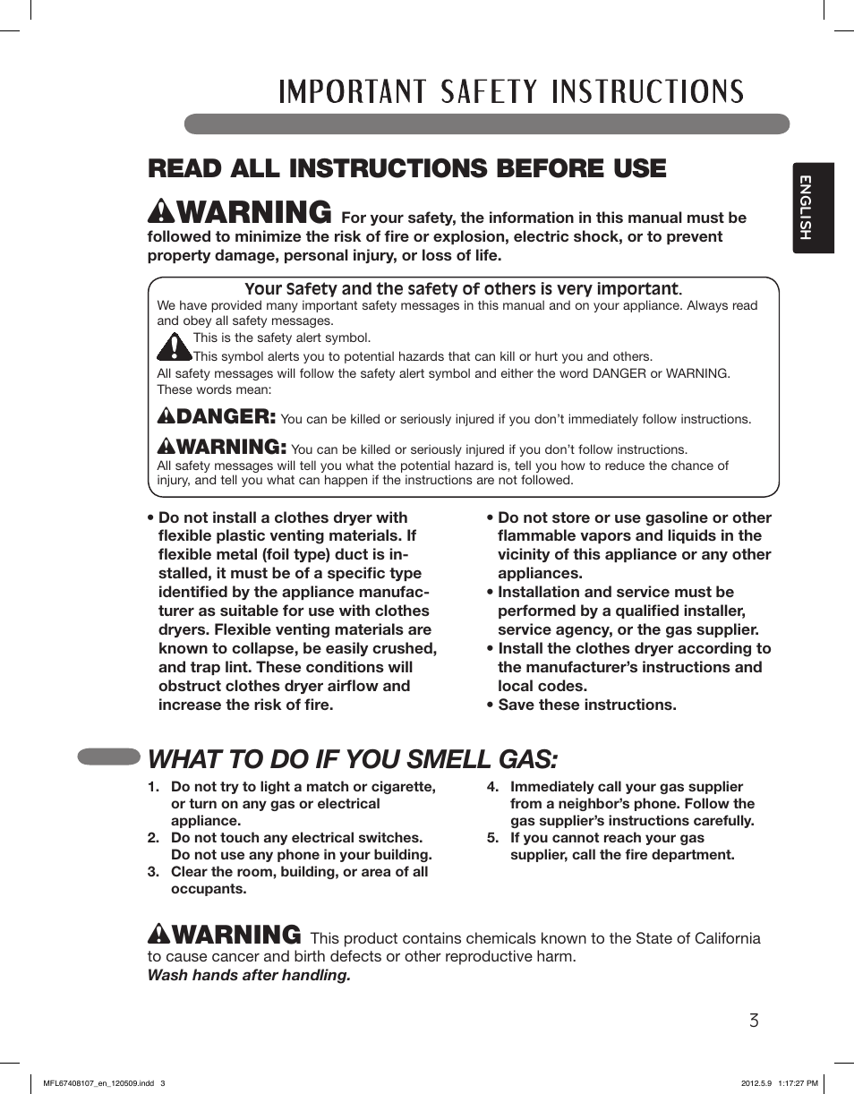 What to do if you smell gas: w warning, Read all instructions before use, Wdanger | Wwarning | LG LSDE388VS User Manual | Page 3 / 100