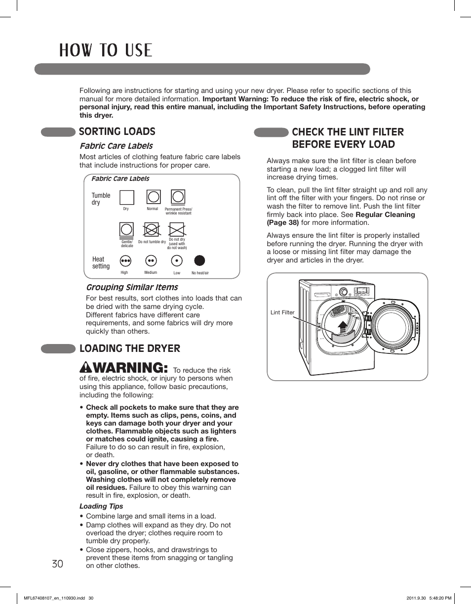 Wwarning, Sorting loads, Check the lint filter before every load | Loading the dryer | LG LSDE388VS User Manual | Page 30 / 100