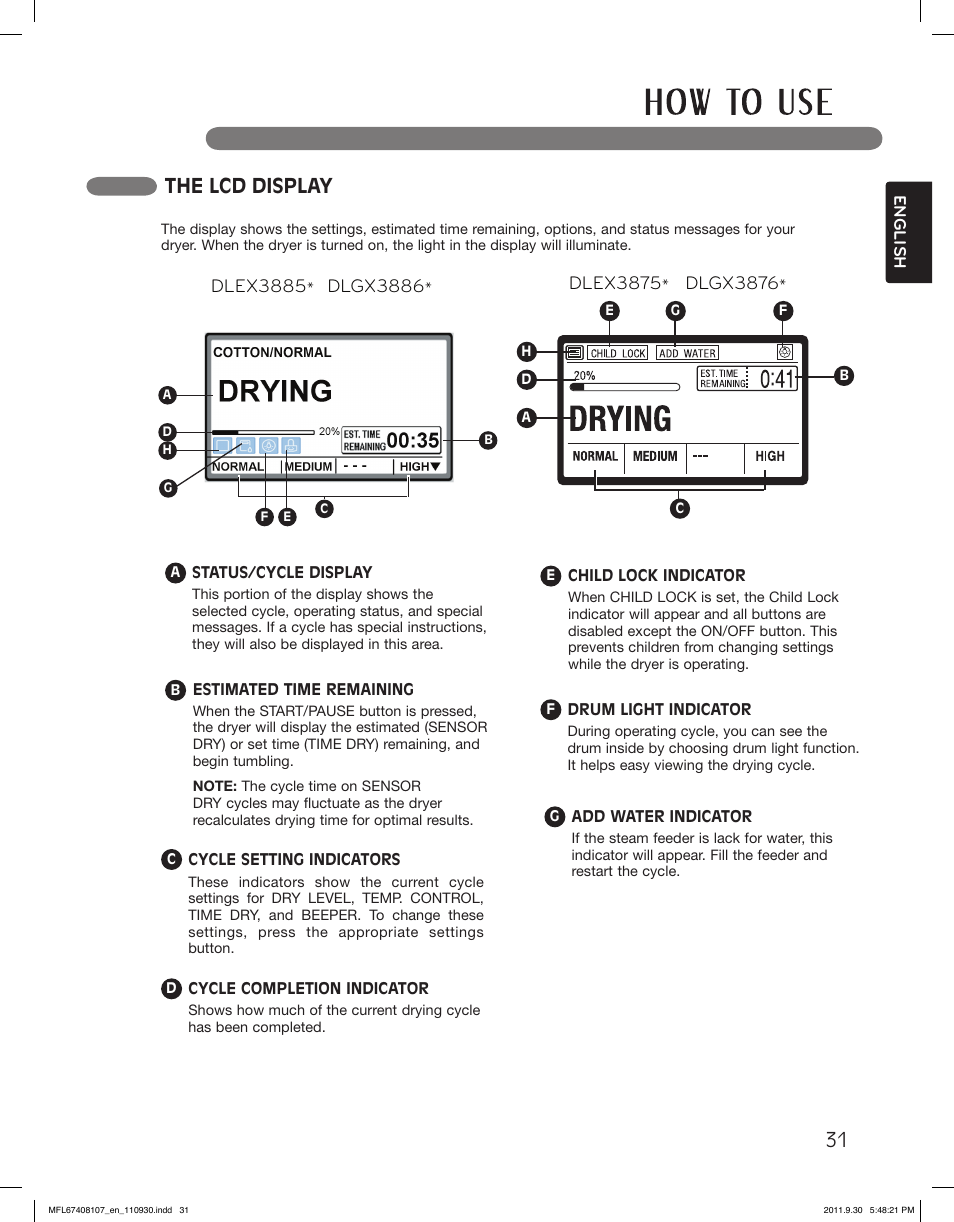 The lcd display | LG LSDE388VS User Manual | Page 31 / 100