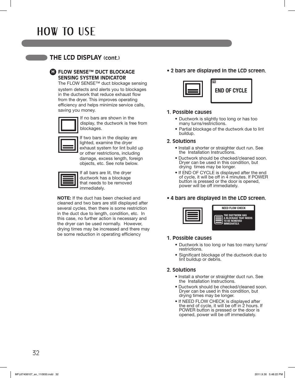 The lcd display, End of cycle | LG LSDE388VS User Manual | Page 32 / 100