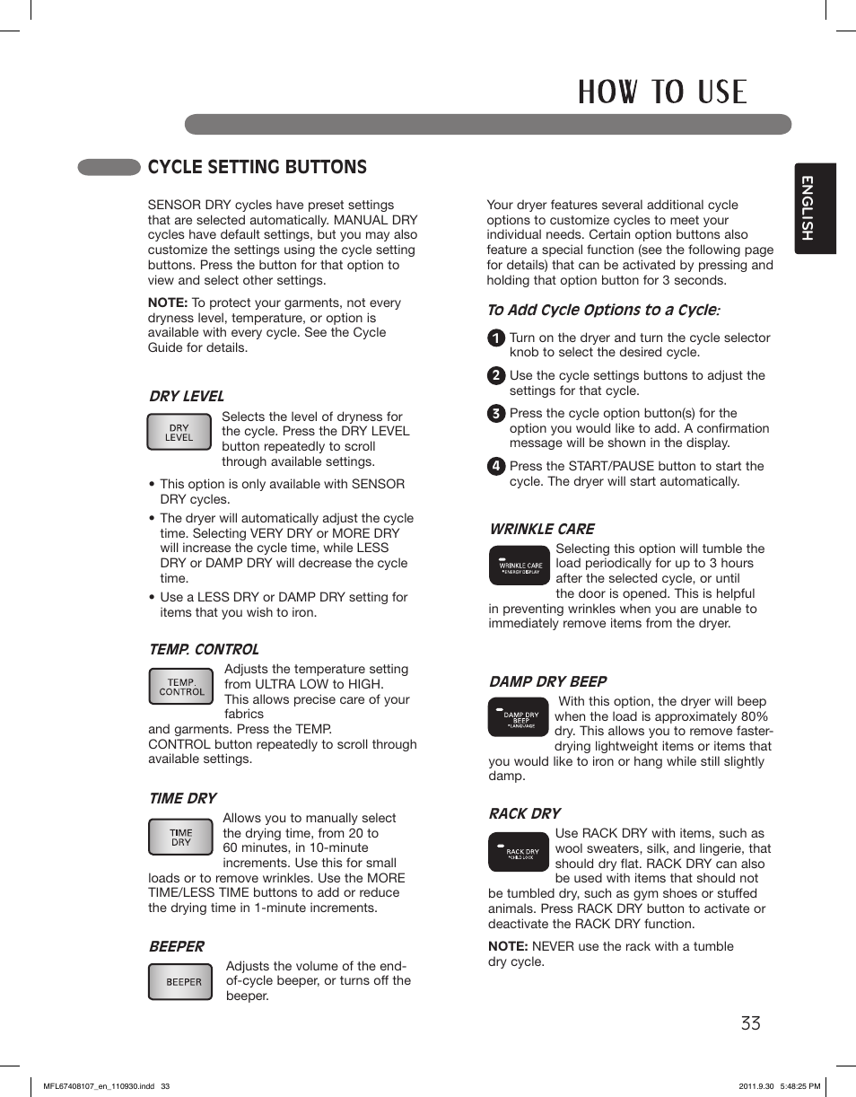 Cycle setting buttons | LG LSDE388VS User Manual | Page 33 / 100
