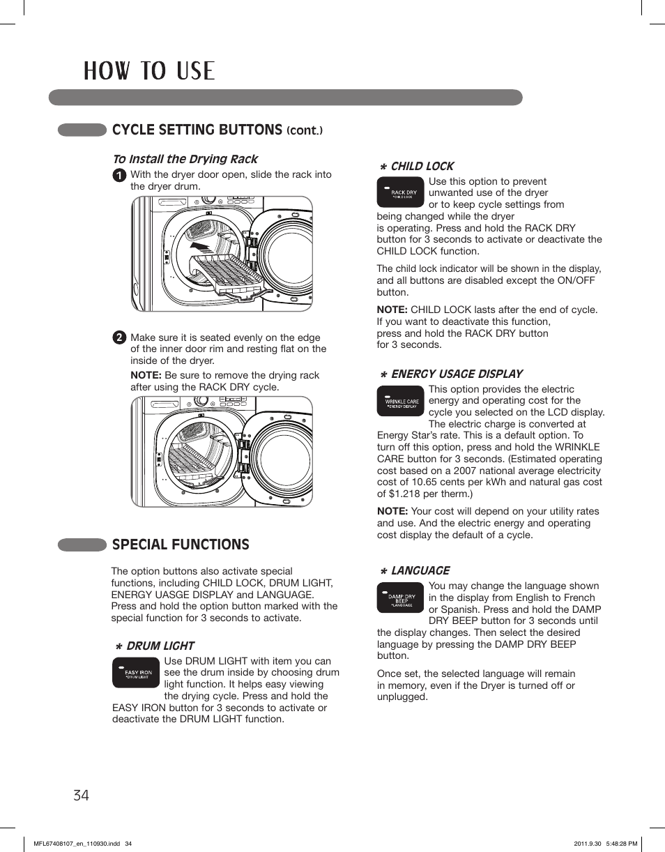 Cycle setting buttons, Special functions | LG LSDE388VS User Manual | Page 34 / 100