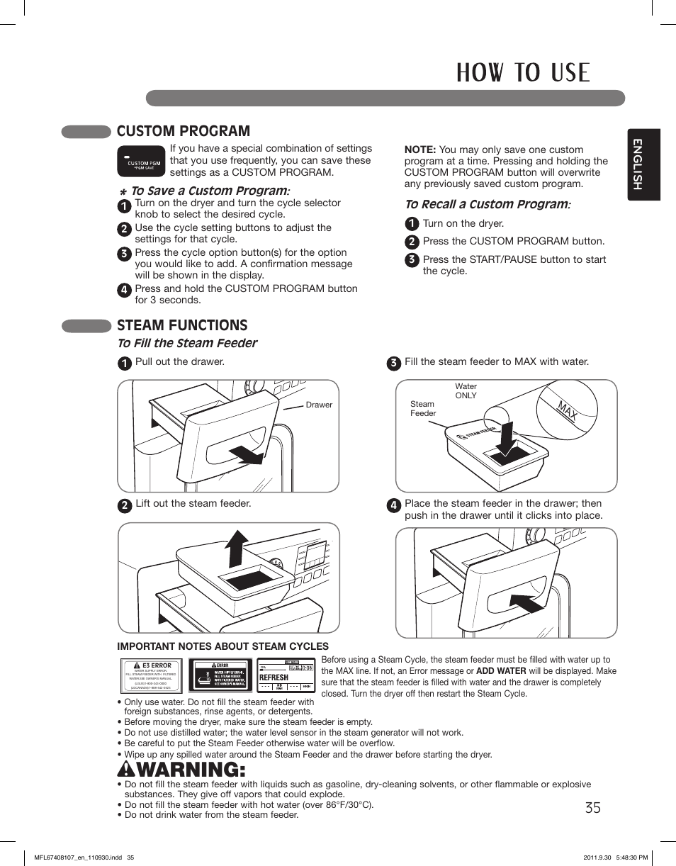 Wwarning, Custom program, Steam functions | English | LG LSDE388VS User Manual | Page 35 / 100