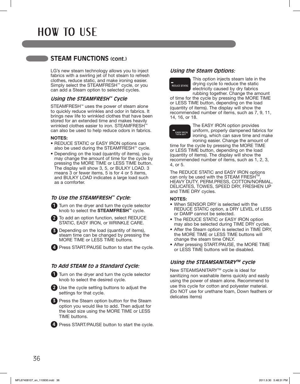 Steam functions | LG LSDE388VS User Manual | Page 36 / 100