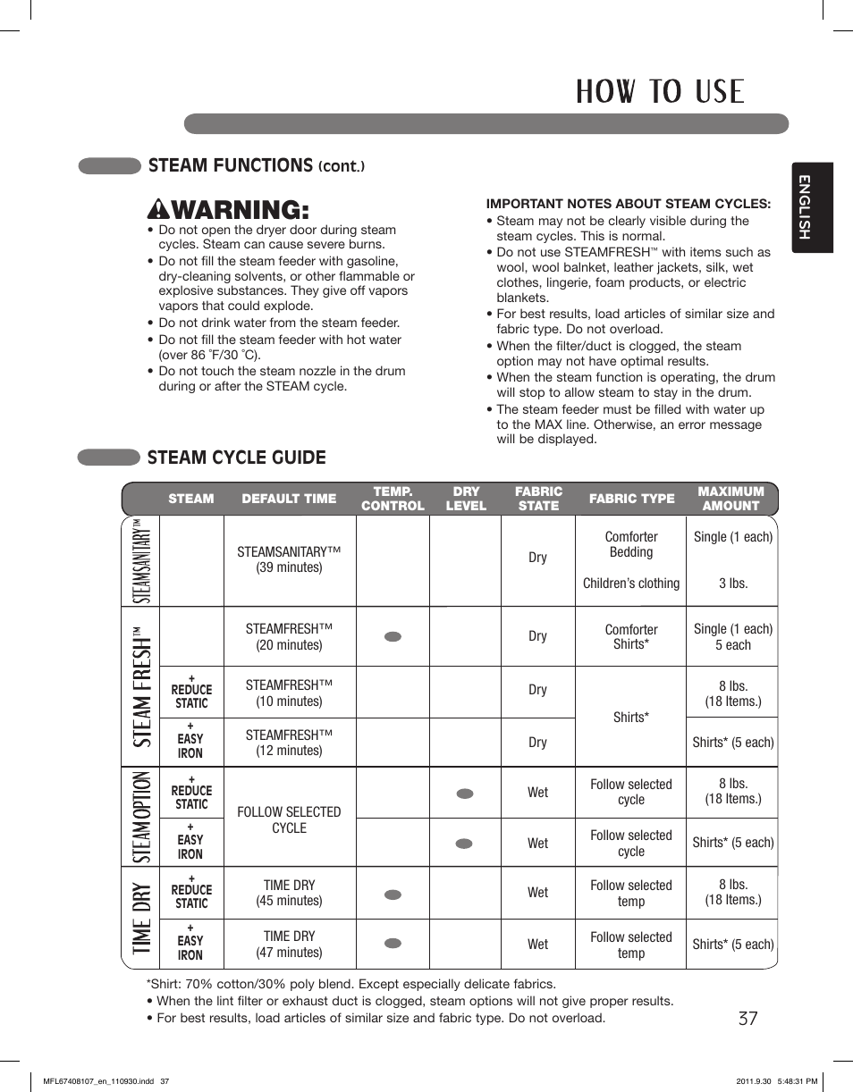 Wwarning, Steam cycle guide, Steam functions | LG LSDE388VS User Manual | Page 37 / 100