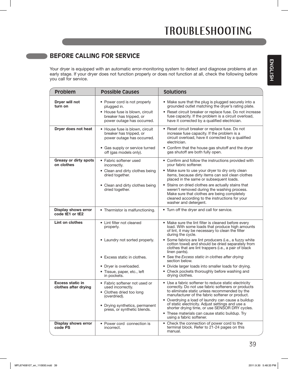 Before calling for service, English | LG LSDE388VS User Manual | Page 39 / 100