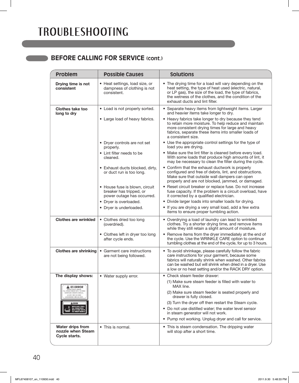 Before calling for service | LG LSDE388VS User Manual | Page 40 / 100