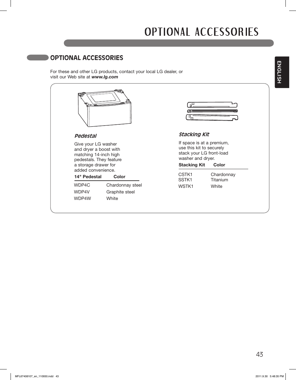 Optional accessories | LG LSDE388VS User Manual | Page 43 / 100