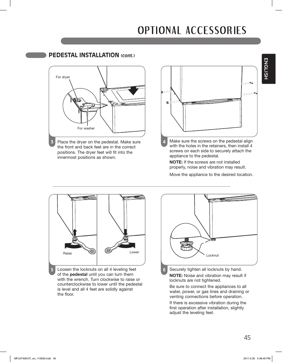 Pedestal installation | LG LSDE388VS User Manual | Page 45 / 100