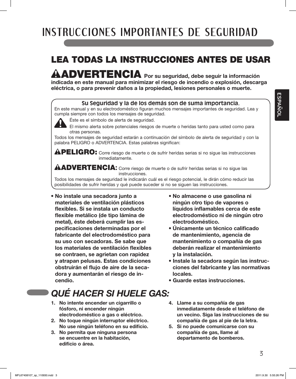 Lea todas la instrucciones antes de usar, Qué hacer si huele gas, Wpeligro | Wadvertencia | LG LSDE388VS User Manual | Page 51 / 100