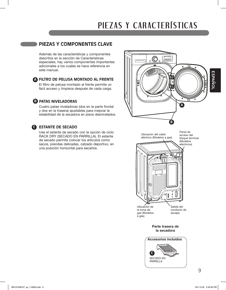 Piezas y componentes clave, Esp anol | LG LSDE388VS User Manual | Page 57 / 100