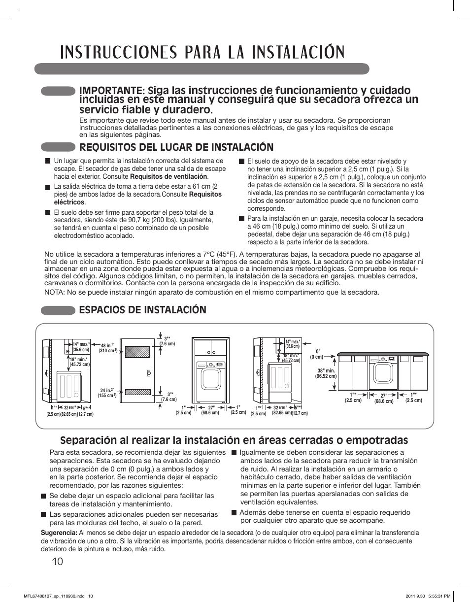 Espacios de instalación, Requisitos del lugar de instalación | LG LSDE388VS User Manual | Page 58 / 100