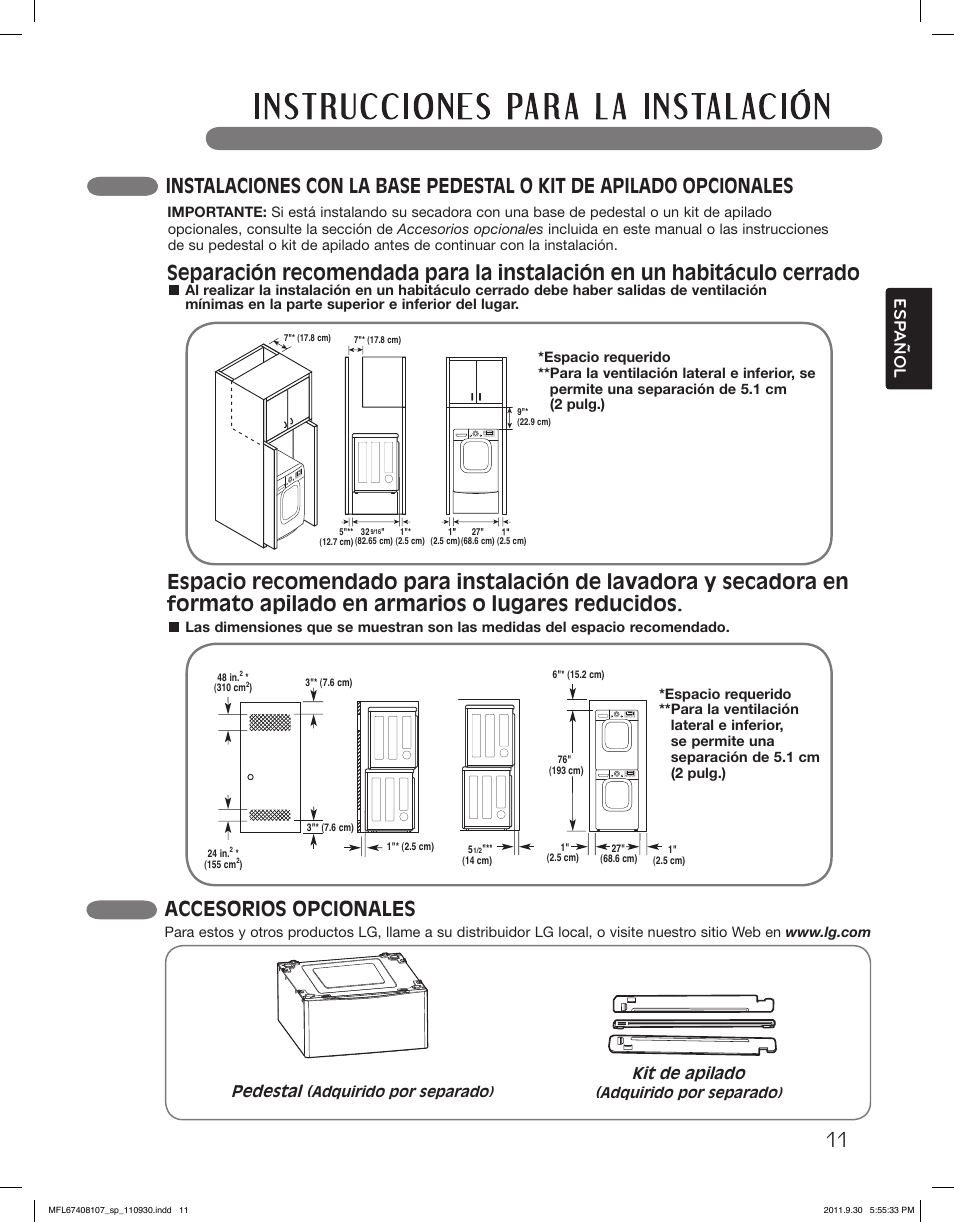 Accesorios opcionales, Esp anol, Kit de apilado | Pedestal | LG LSDE388VS User Manual | Page 59 / 100