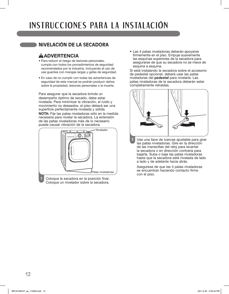 Nivelación de la secadora, Advertencia | LG LSDE388VS User Manual | Page 60 / 100