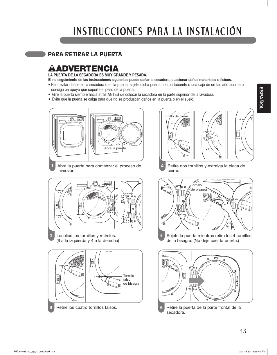 Wadvertencia, Para retirar la puerta | LG LSDE388VS User Manual | Page 61 / 100