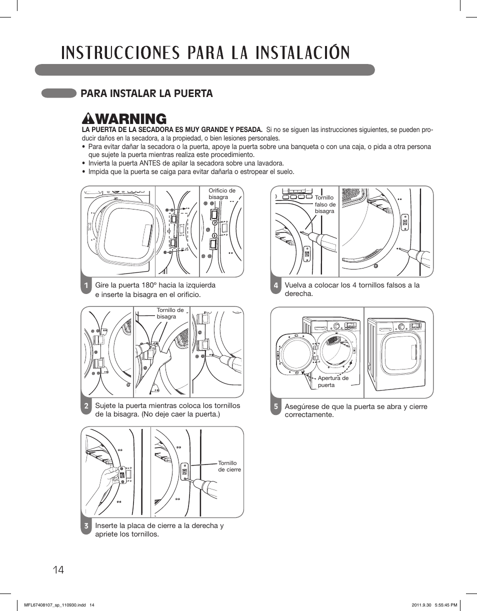 Wwarning, Para instalar la puerta | LG LSDE388VS User Manual | Page 62 / 100