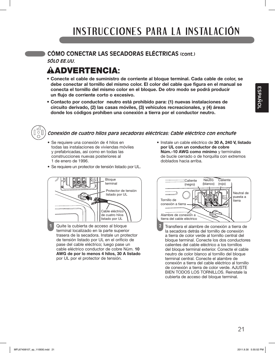 Wadvertencia, Cómo conectar las secadoras eléctricas | LG LSDE388VS User Manual | Page 69 / 100