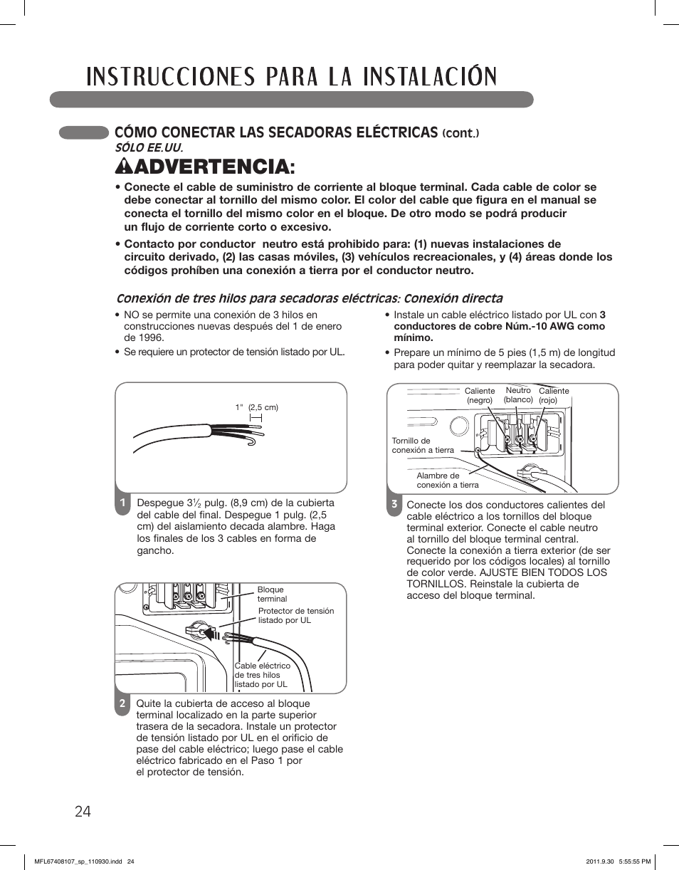 Wadvertencia, Cómo conectar las secadoras eléctricas | LG LSDE388VS User Manual | Page 72 / 100