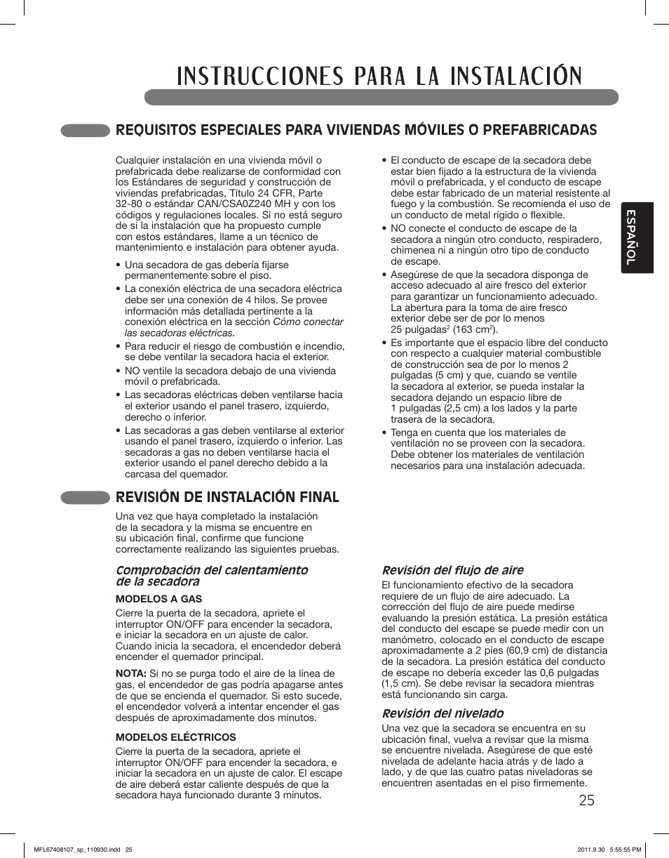 Revisión de instalación final | LG LSDE388VS User Manual | Page 73 / 100